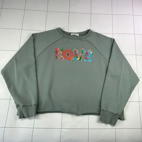 Natural Life Sweatshirt Women XL Green LOVE Floral Print Boho Crew Neck Bohemian
